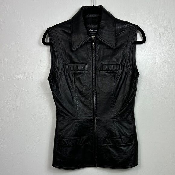 Marquis Vintage Black Leather Sleeveless Jacket Vest With Pockets Size 8 - Picture 1 of 8